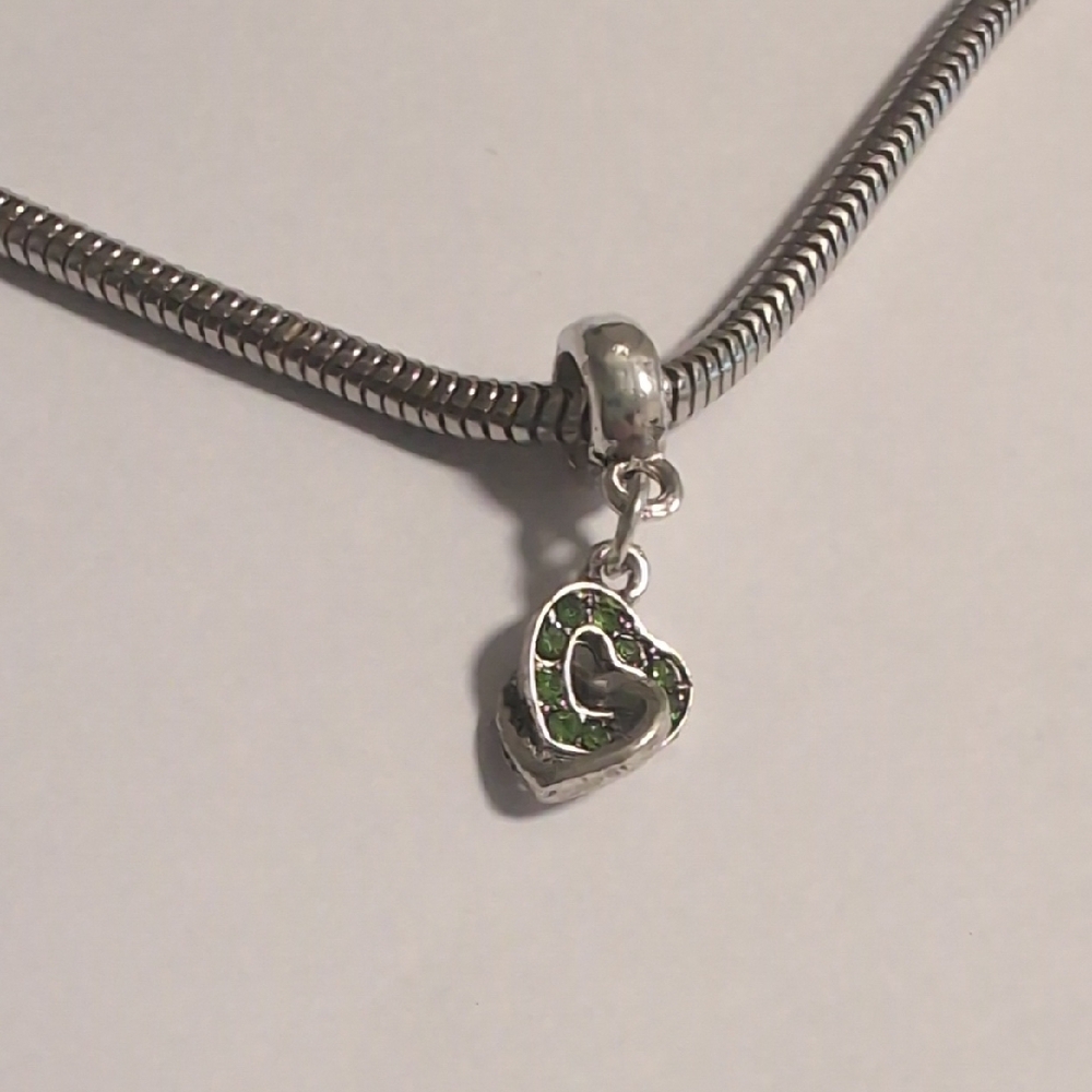Elegant Silver Plated Green August Birthstone Double Heart‎ Charm